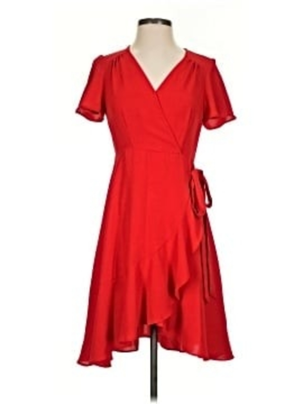 Elegant Red Wrap Midi Dress with Ruffle Detail